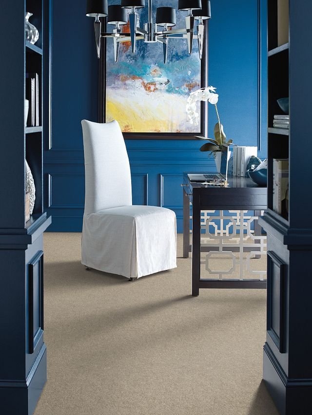 white chair in a room with blue walls and brown carpet from Dudley Moore Awnings & Floor Coverings Inc in Thomasville, Ga